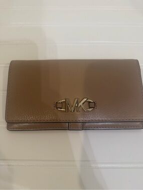 Michael Kors Taupe Leather Continental Wallet with Gold MK Logo